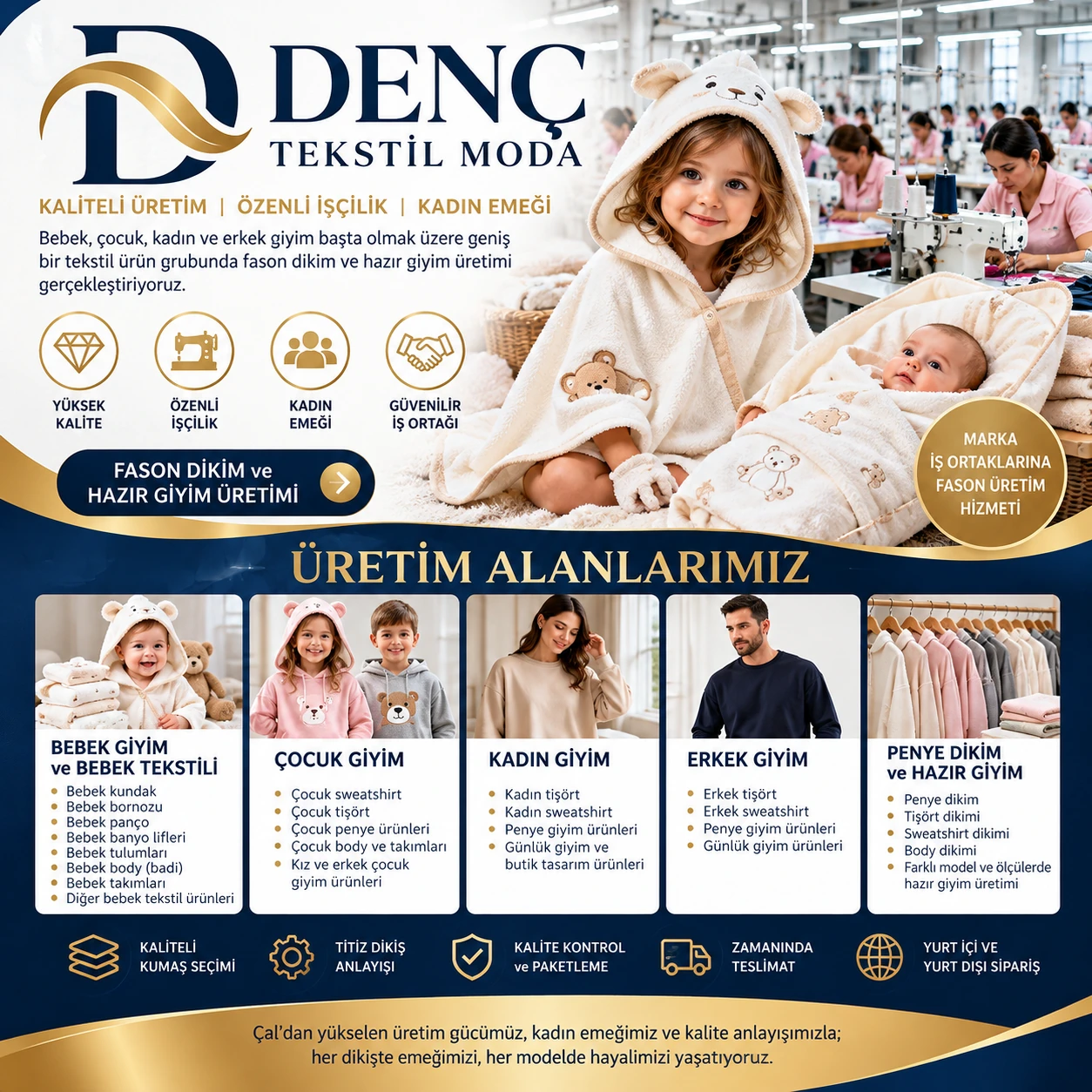 Denç Tekstil Moda: kaliteli üretim, özenli işçilik ve kadın emeği. Bebek, çocuk, kadın, erkek ve penye giyim üretim alanları kurumsal tanıtım afişi.